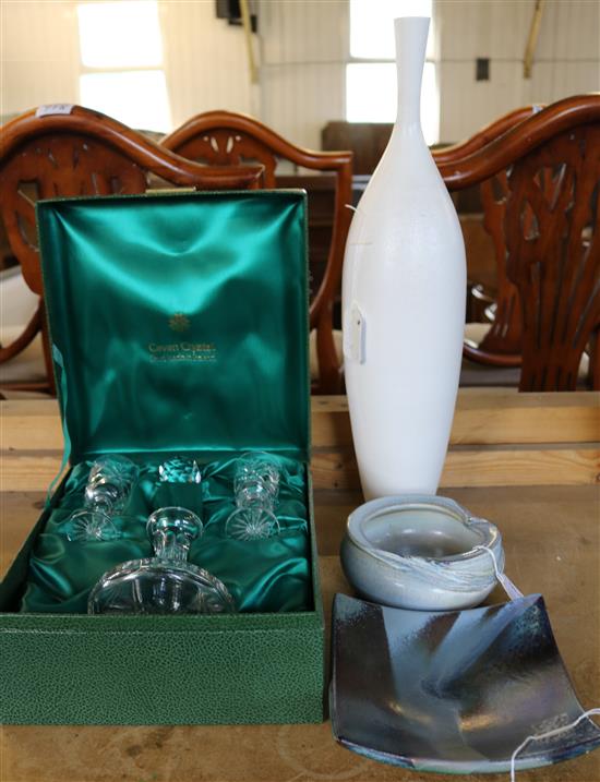 Madoura Plein Feu cream bottle vase (neck a.f.), two other Madoura pieces & a Cavan Crystal miniature decanter set(-)